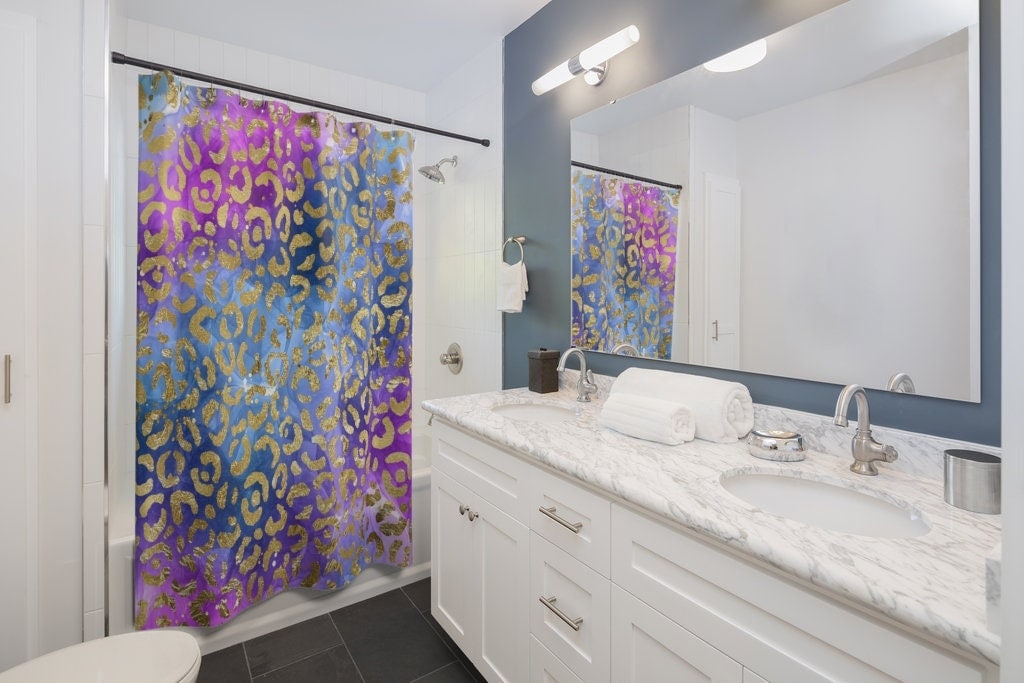 Blue & Gold Leopard Print Shower Curtain, Luxe Bathroom Decor