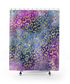 Blue & Gold Leopard Print Shower Curtain, Luxe Bathroom Decor
