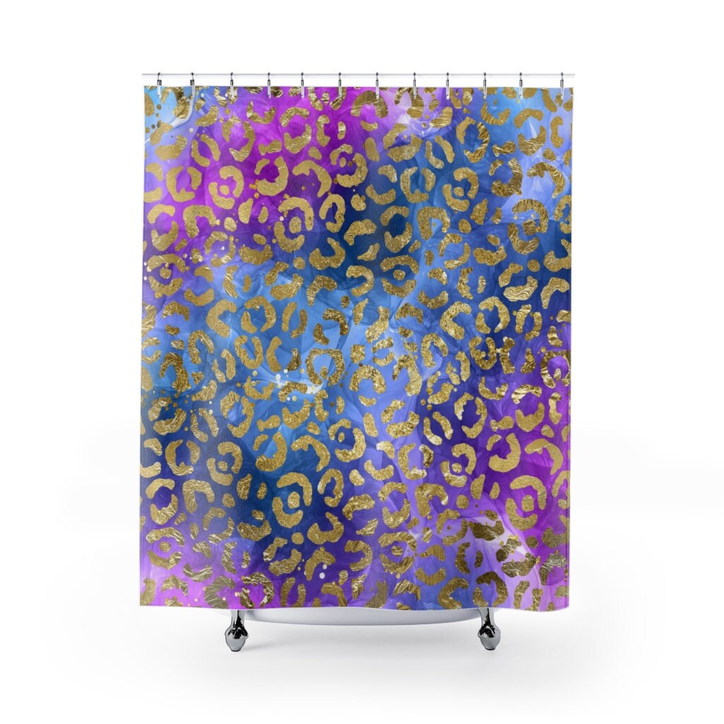 Blue & Gold Leopard Print Shower Curtain, Luxe Bathroom Decor