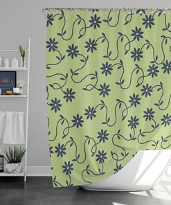Blue Green Floral Shower Curtain, Simple Leaves and Flowers Linen Print for Minimalist Bathroom Accessory