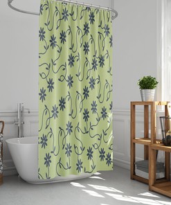 Blue Green Floral Shower Curtain, Simple Leaves and Flowers Linen Print for Minimalist Bathroom Accessory