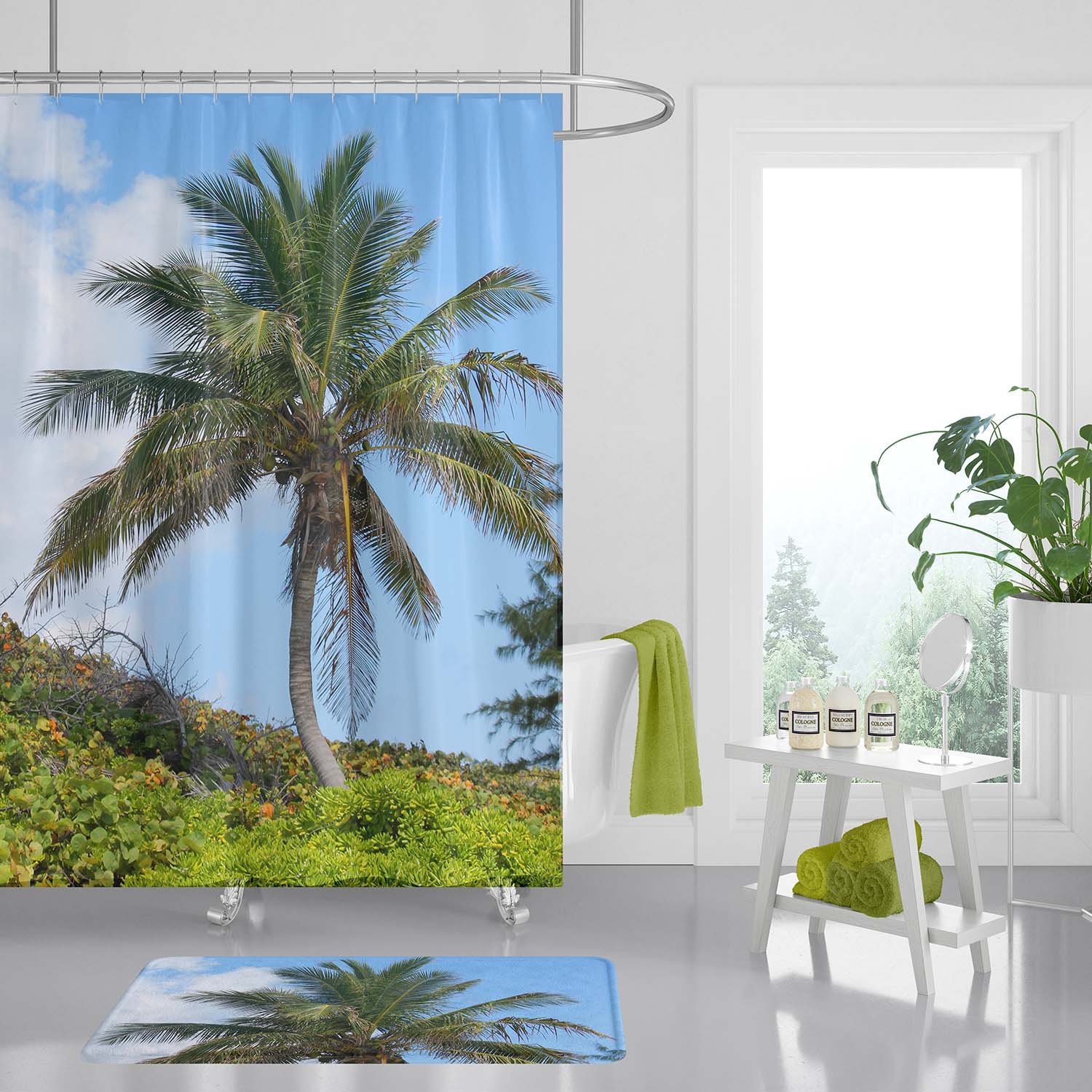 Blue Green Palm Tree Shower Curtain - Coastal Bathroom Accessory