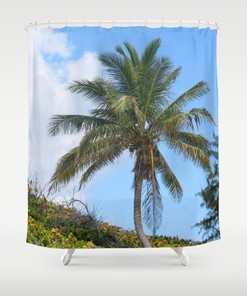 Blue Green Palm Tree Shower Curtain - Coastal Bathroom Accessory