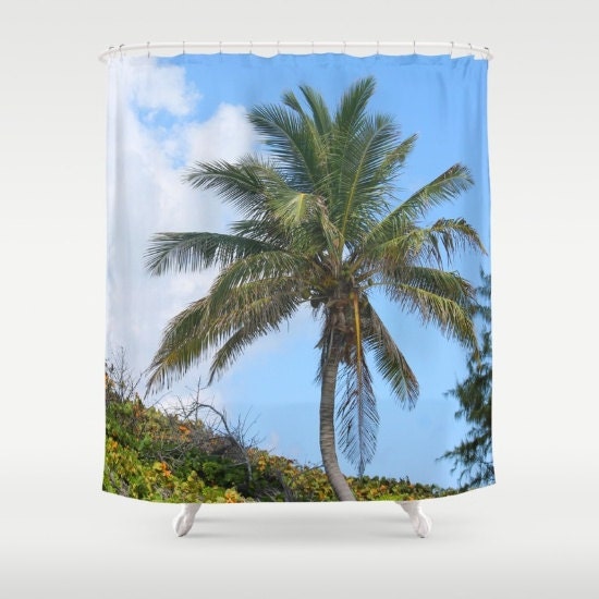 Blue Green Palm Tree Shower Curtain - Coastal Bathroom Accessory