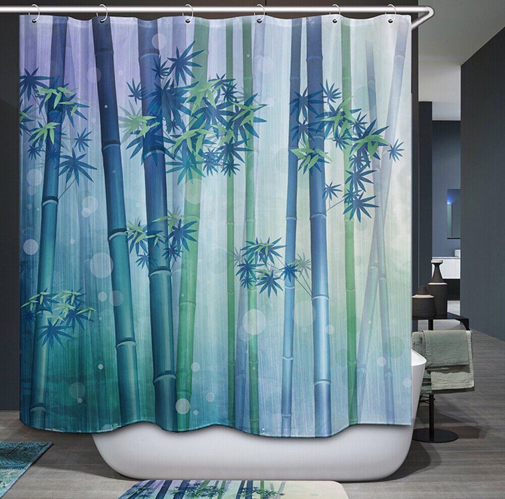 Blue Green Tranquil Tree Asian Tropical Jungle Zen Bamboo Forest Shower Curtain For Bathroom Decor