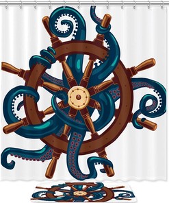Blue Helm Octopus Ocean Print Waterproof Shower Curtain for Bathroom