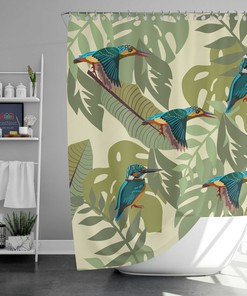 Blue Hummingbird & Monstera Shower Curtain, Botanical Tropical Birds & Leaves Bathroom Decor