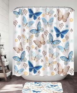 Blue Indigo Boho Shower Curtain, Watercolor Floral Leaves Pattern, Botanical Home Decor