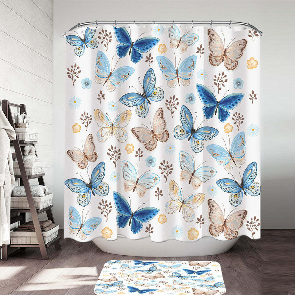 Blue Indigo Boho Shower Curtain, Watercolor Floral Leaves Pattern, Botanical Home Decor