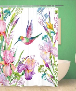 Blue Irises Flowers Hummingbird Shower Curtain - Watercolor Green Fabrices For Bathroom Bath