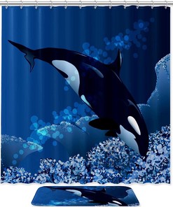 Blue Killer Whale Ocean Shower Curtain, Microfiber Bathroom Accents Fabric Machine Washable
