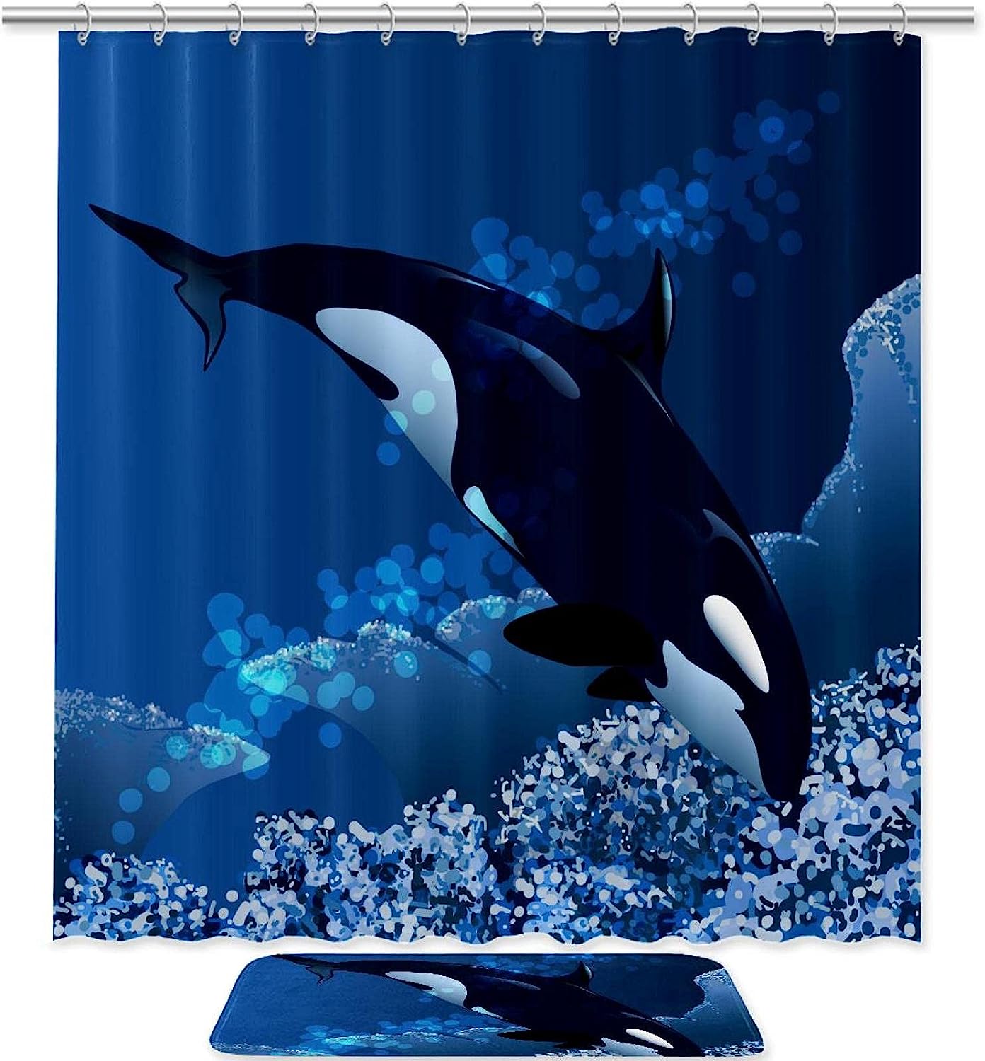 Blue Killer Whale Ocean Shower Curtain, Microfiber Bathroom Accents Fabric Machine Washable