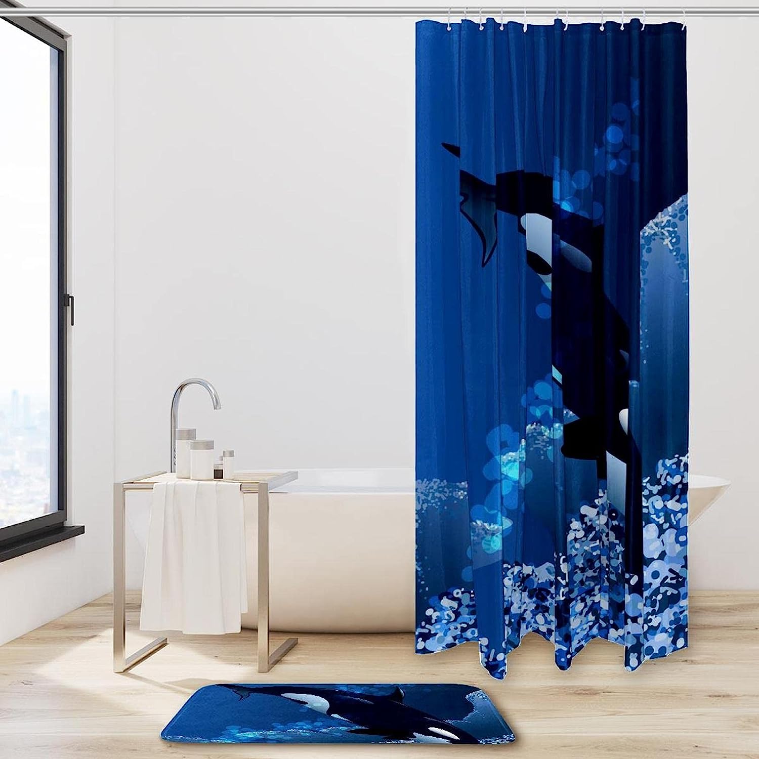 Blue Killer Whale Ocean Shower Curtain, Microfiber Bathroom Accents Fabric Machine Washable - Image 2
