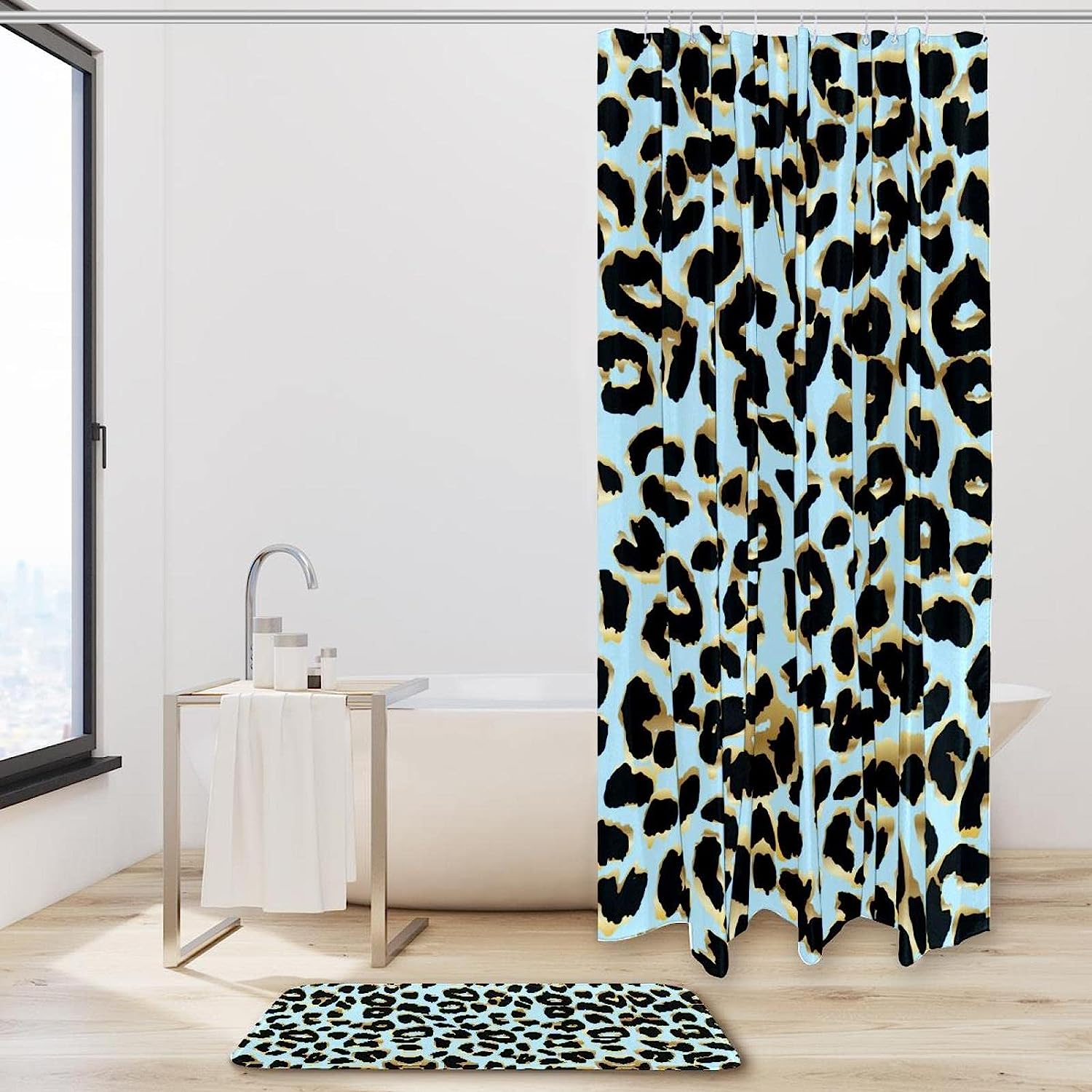 Blue Leopard Print Shower Curtain, Cool Bathroom Decor