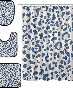 Blue Leopard Spot Shower Curtain With Matching Mat For Chic Bathroom Decor