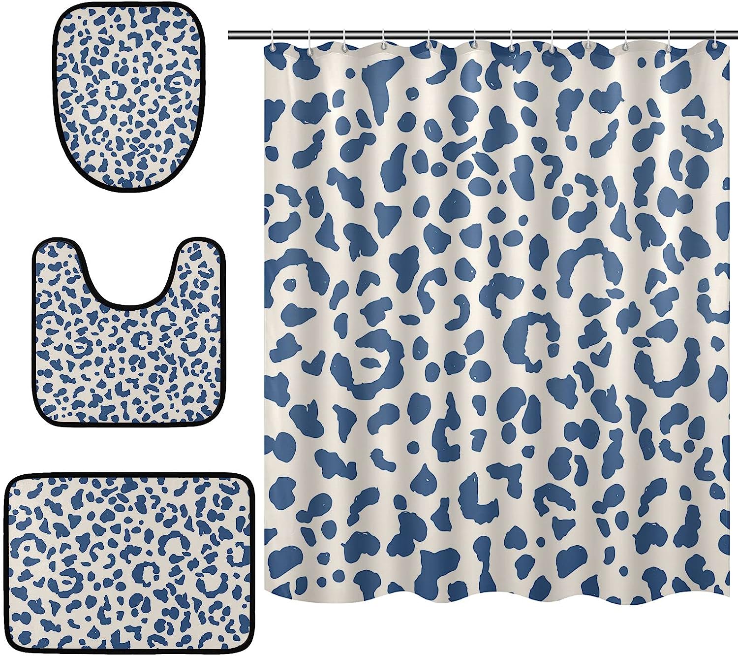 Blue Leopard Spot Shower Curtain With Matching Mat For Chic Bathroom Decor