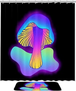 Blue Light Mushroom Bathroom Set With Waterproof Fabric Shower Curtain