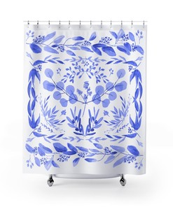 Blue Marine Life Shower Curtain Set, Shark And Duck Design, Beachy Bathroom Decor