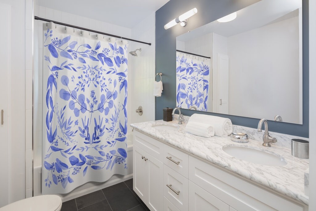 Blue Marine Life Shower Curtain Set, Shark And Duck Design, Beachy Bathroom Decor - Image 2