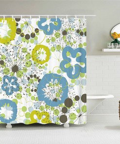 Blue Modern Geometric Shower Curtain, Watercolor Abstract Pattern, Mid Century Style
