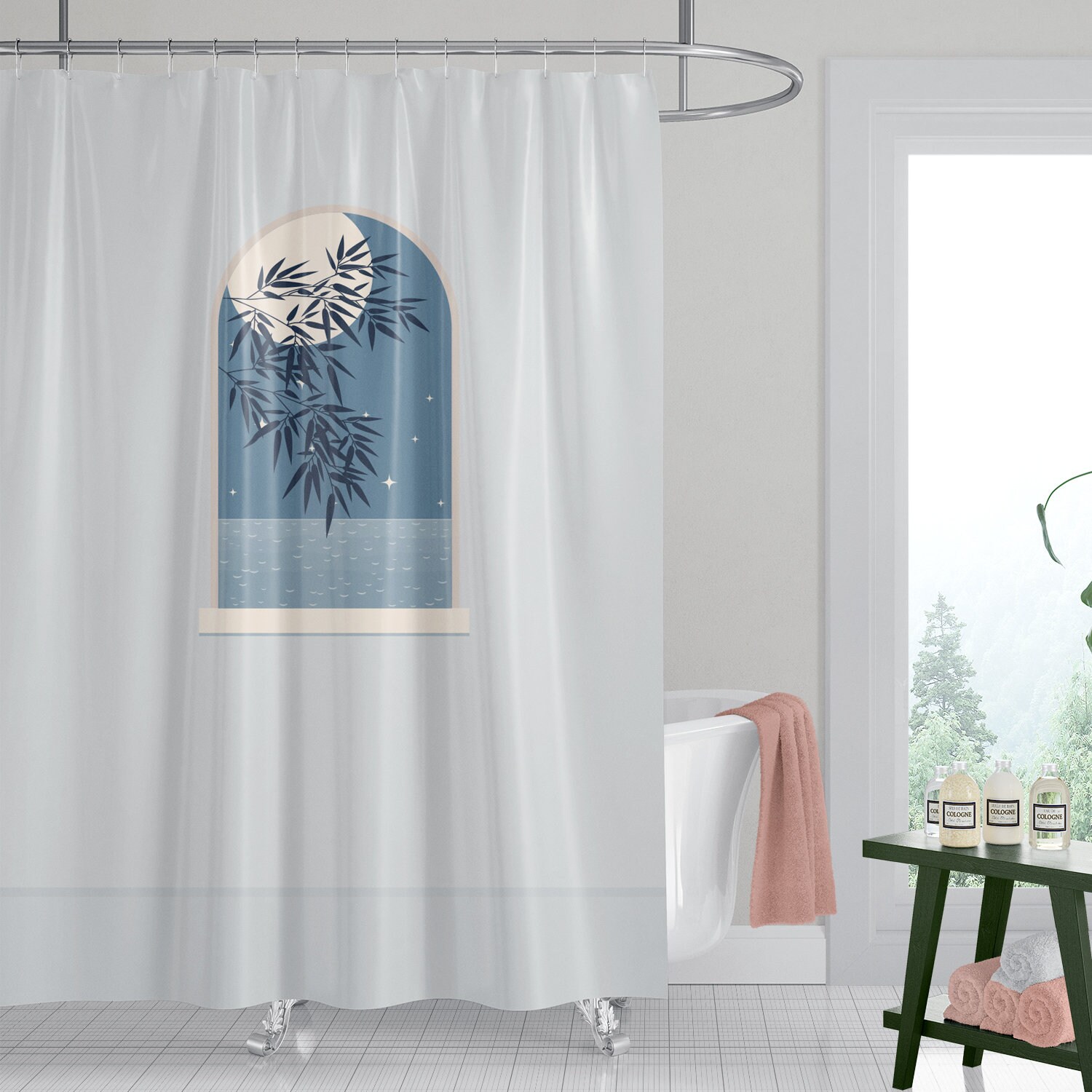 Blue Moon Outside Window Scenery Shower Curtain for Bathroom Decor