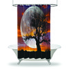 Blue Moon over Clouds and Tree on Waterproof Fabric: Relaxing Night Sky Bathroom Curtain for a Zen Atmosphere