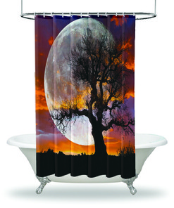 Blue Moon over Clouds and Tree on Waterproof Fabric: Relaxing Night Sky Bathroom Curtain for a Zen Atmosphere