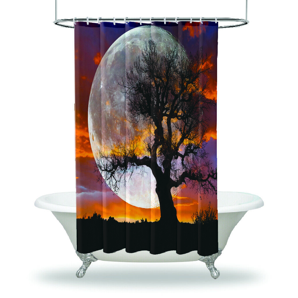 Blue Moon over Clouds and Tree on Waterproof Fabric: Relaxing Night Sky Bathroom Curtain for a Zen Atmosphere