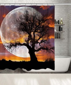 Blue Moon over Clouds and Tree on Waterproof Fabric: Relaxing Night Sky Bathroom Curtain for a Zen Atmosphere