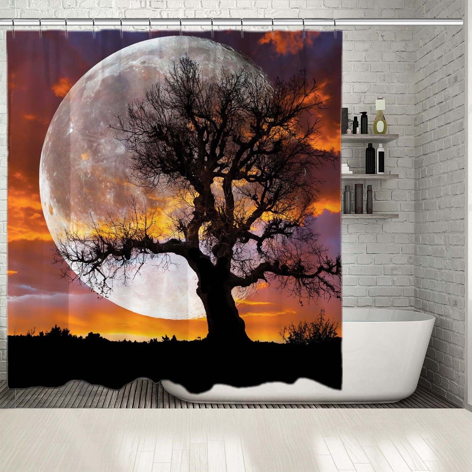 Blue Moon over Clouds and Tree on Waterproof Fabric: Relaxing Night Sky Bathroom Curtain for a Zen Atmosphere
