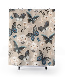 Blue Morpho Butterfly And Flowers Print Shower Curtain For Trendy Bathroom