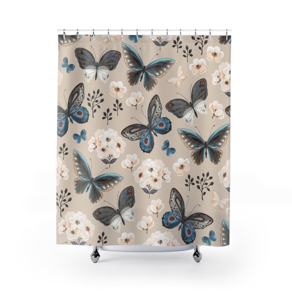 Blue Morpho Butterfly And Flowers Print Shower Curtain For Trendy Bathroom