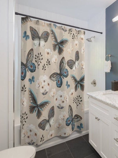 Blue Morpho Butterfly And Flowers Print Shower Curtain For Trendy Bathroom - Image 2