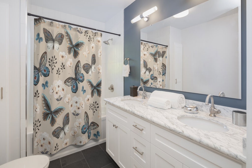 Blue Morpho Butterfly And Flowers Print Shower Curtain For Trendy Bathroom - Image 3