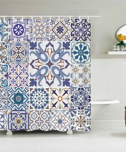 Blue Mosaic Tile Bohemian Chic Geometric Square Shower Curtain, Fabric Bath Curtain, Home Bathroom Decor