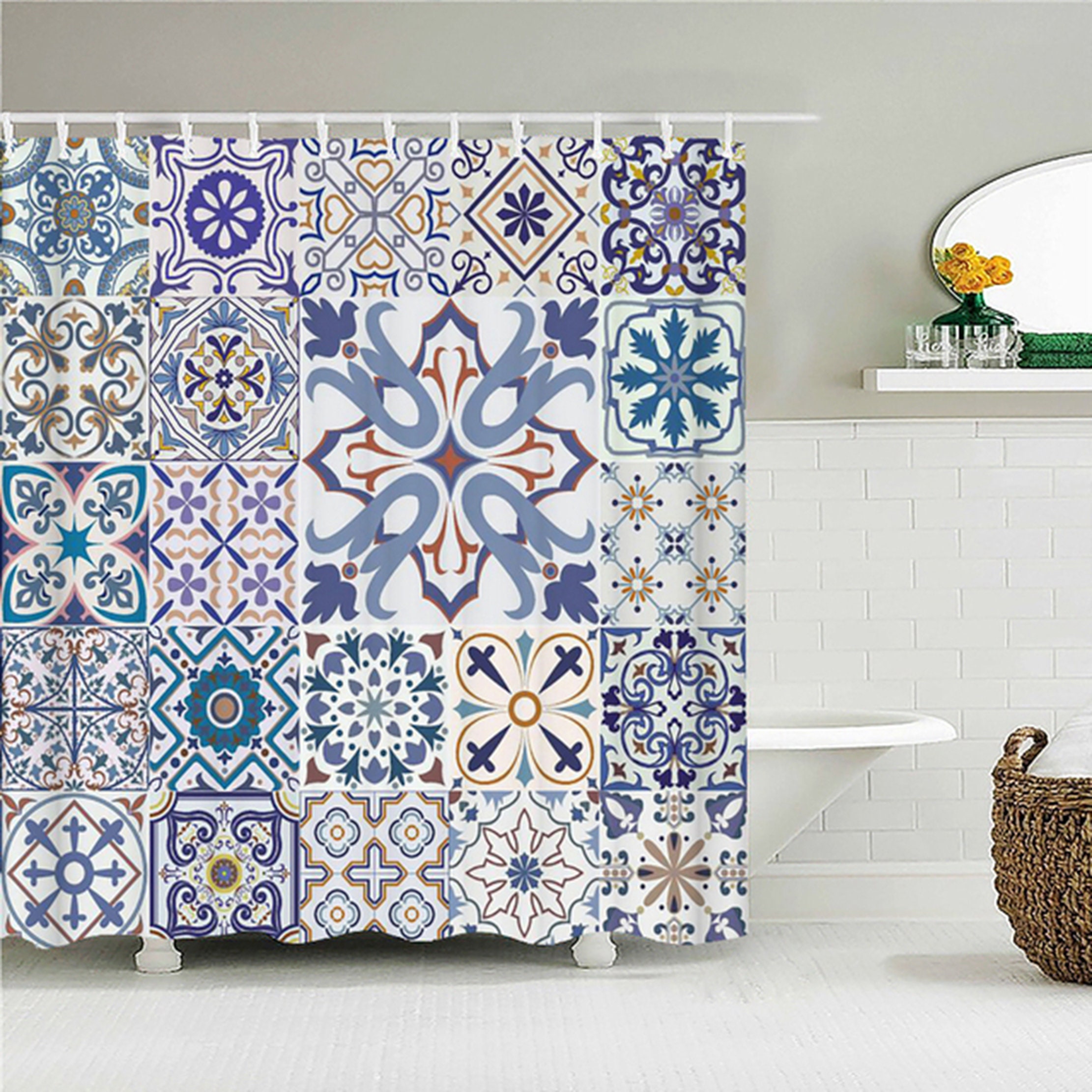 Blue Mosaic Tile Bohemian Chic Geometric Square Shower Curtain, Fabric Bath Curtain, Home Bathroom Decor