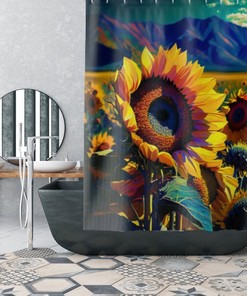Blue Mountains Sunflowers Vintage Bathroom Shower Curtain, Unique Trendy Home Decor, Flower Lover Gift