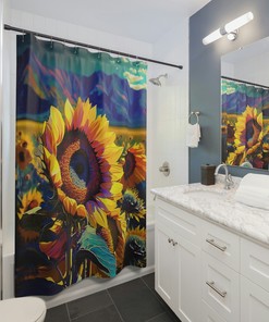Blue Mountains Sunflowers Vintage Bathroom Shower Curtain, Unique Trendy Home Decor, Flower Lover Gift