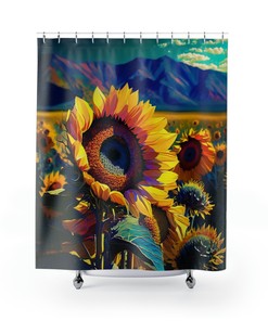Blue Mountains Sunflowers Vintage Bathroom Shower Curtain, Unique Trendy Home Decor, Flower Lover Gift
