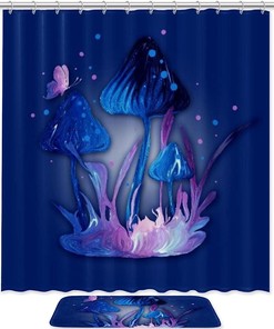 Blue Mushroom And Purple Butterfly Bathroom Set With Waterproof Fabric Shower Curtain