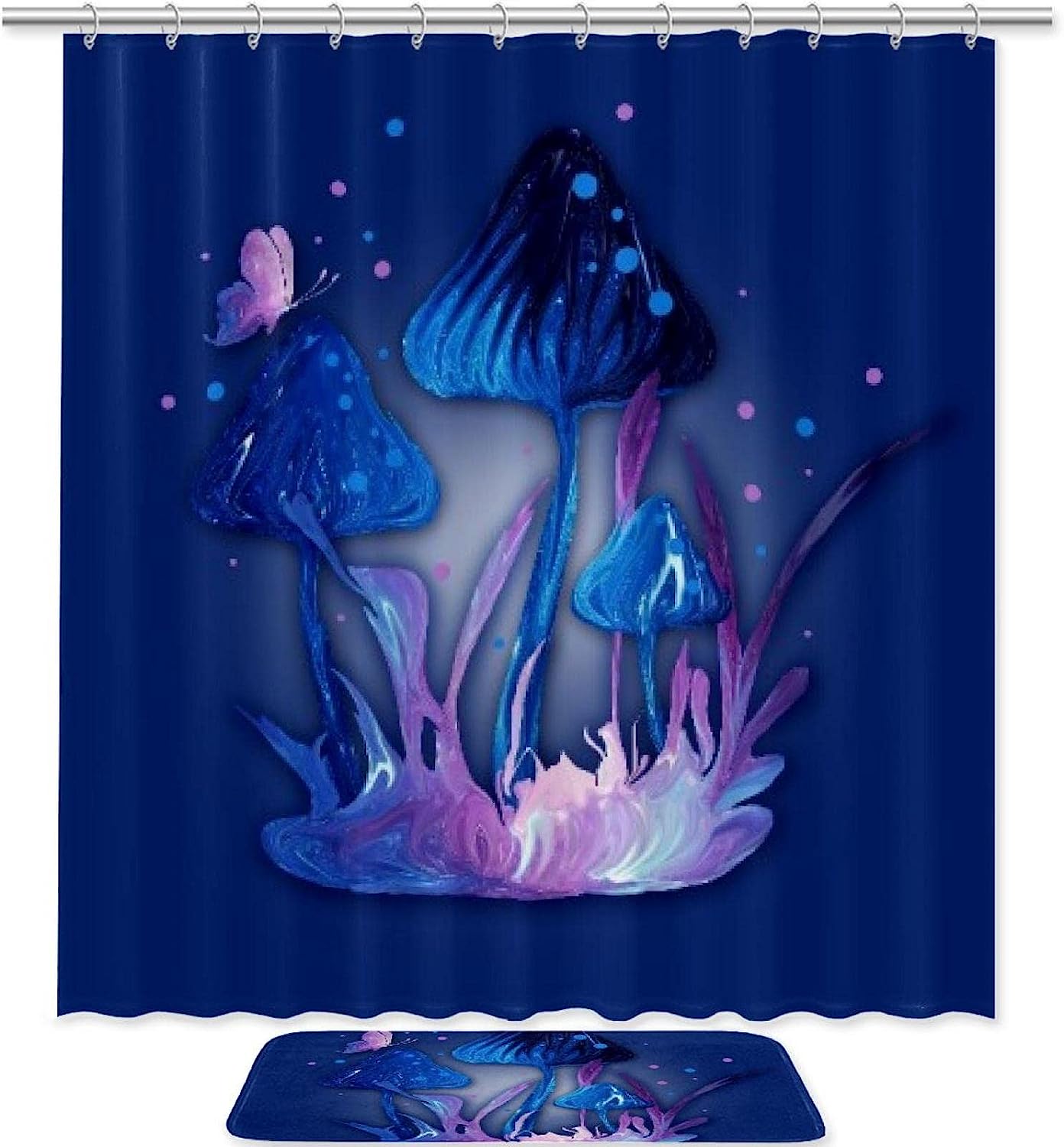 Blue Mushroom And Purple Butterfly Bathroom Set With Waterproof Fabric Shower Curtain