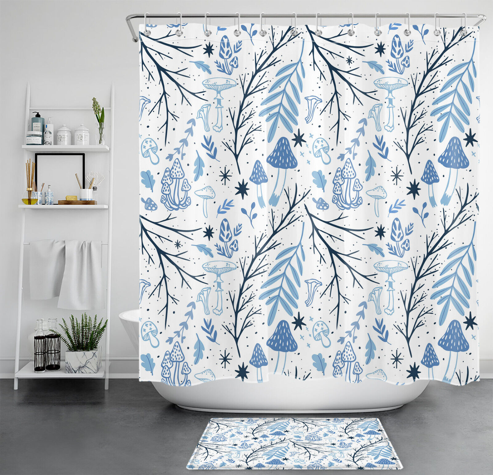 Blue Mushroom Botanical Shower Curtain Set With Twig Leaf Design