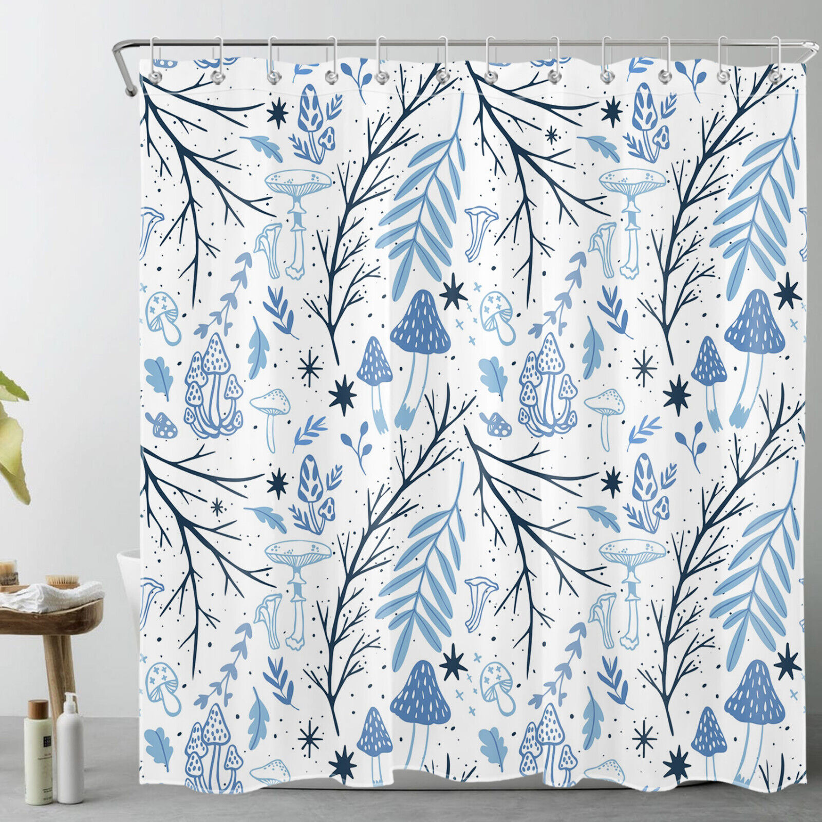Blue Mushroom Botanical Shower Curtain Set With Twig Leaf Design - Image 2