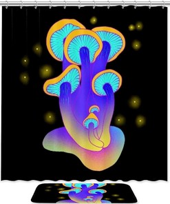 Blue Mushroom Print Shower Curtain For Bathroom Tub Set With Yellow Accents
