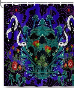Blue Mushroom Snake Flower Skull Fabric Shower Curtain - Vintage Flower Bathroom Decor 