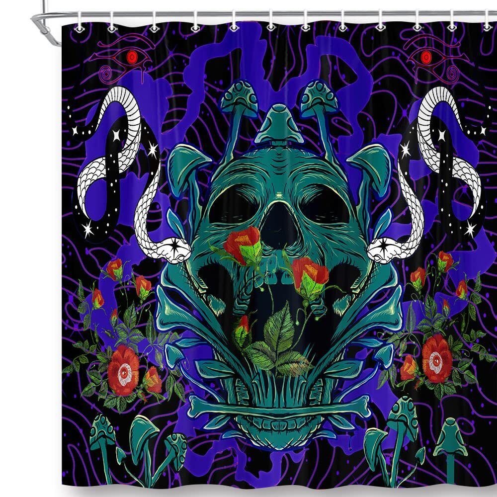 Blue Mushroom Snake Flower Skull Fabric Shower Curtain - Vintage Flower Bathroom Decor