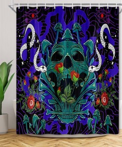 Blue Mushroom Snake Flower Skull Fabric Shower Curtain - Vintage Flower Bathroom Decor