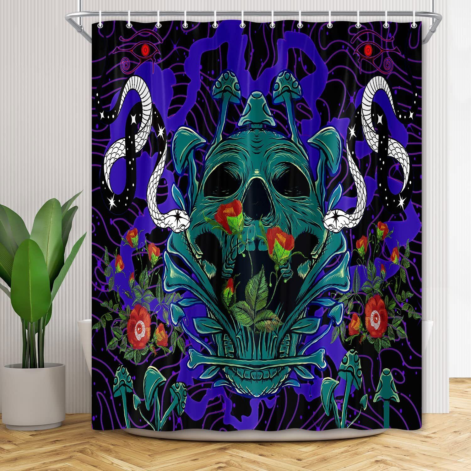 Blue Mushroom Snake Flower Skull Fabric Shower Curtain - Vintage Flower Bathroom Decor