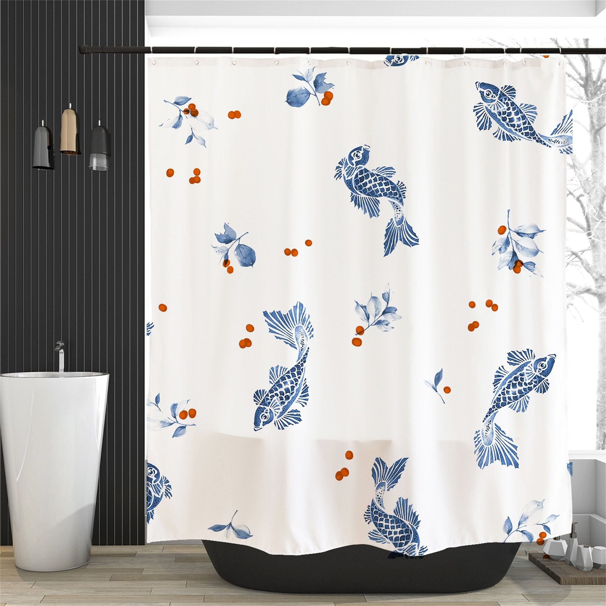 Blue Nautical Fish Shower Curtain for Bathroom Decor Waterproof White and Blue Fabric Machine Washable