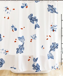 Blue Nautical Fish Shower Curtain for Bathroom Decor Waterproof White and Blue Fabric Machine Washable